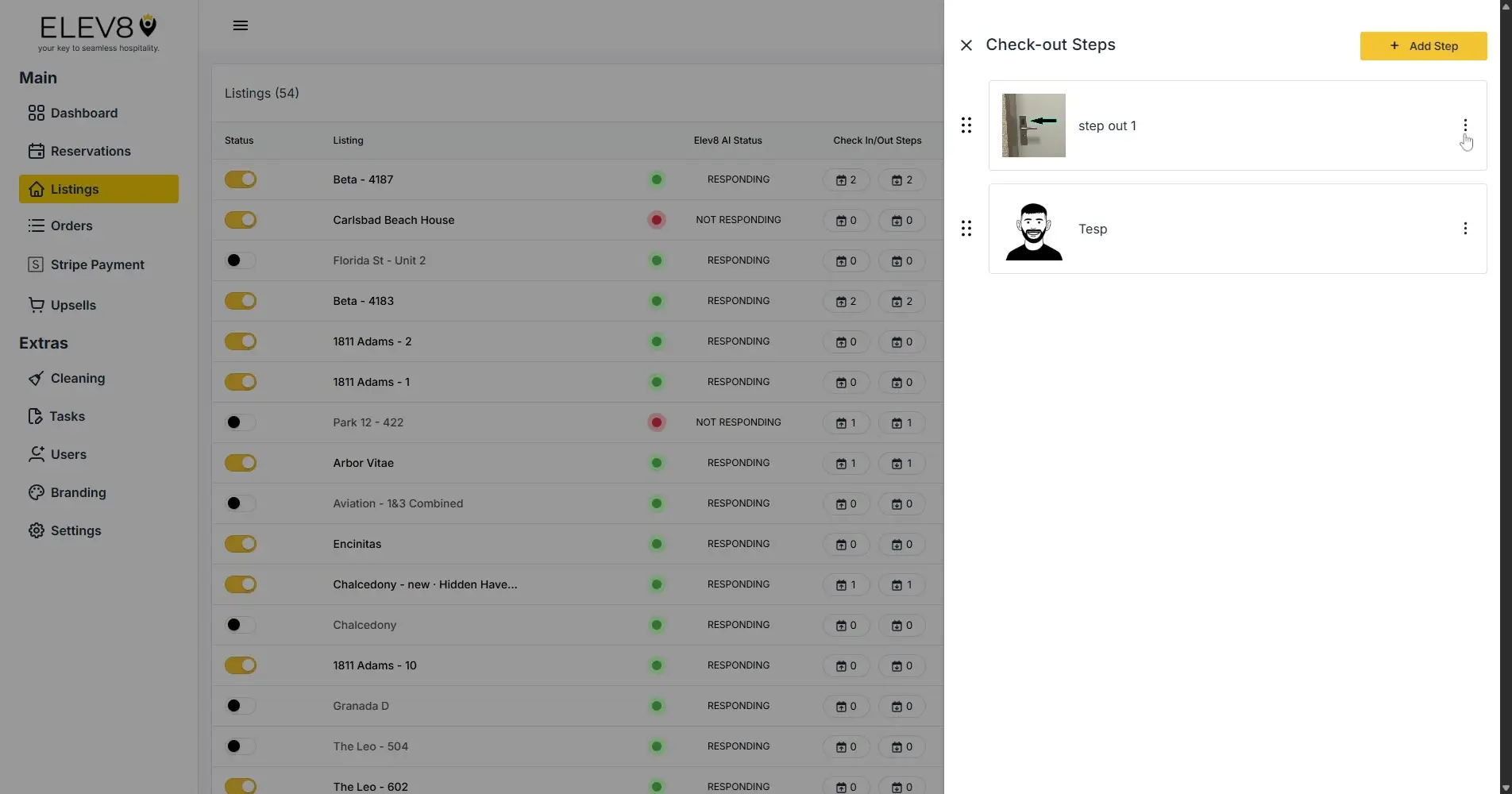 ELEV8 platform interface showing Listings and Check-out Steps management.