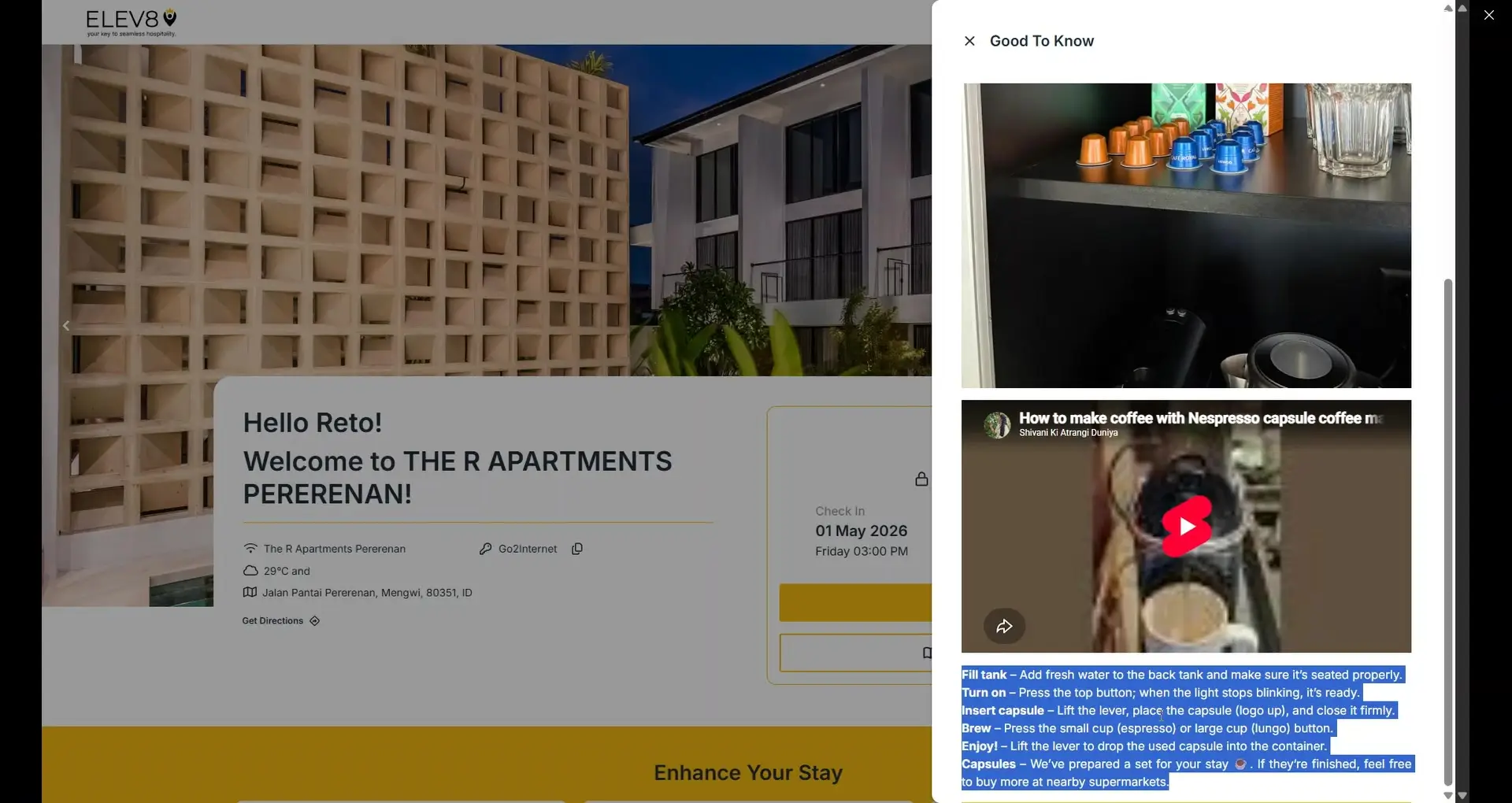Welcome to THE R APARTMENTS PERERENAN! Check-in details are provided, along with information on how to use the Nespresso machine and where to find more capsules.