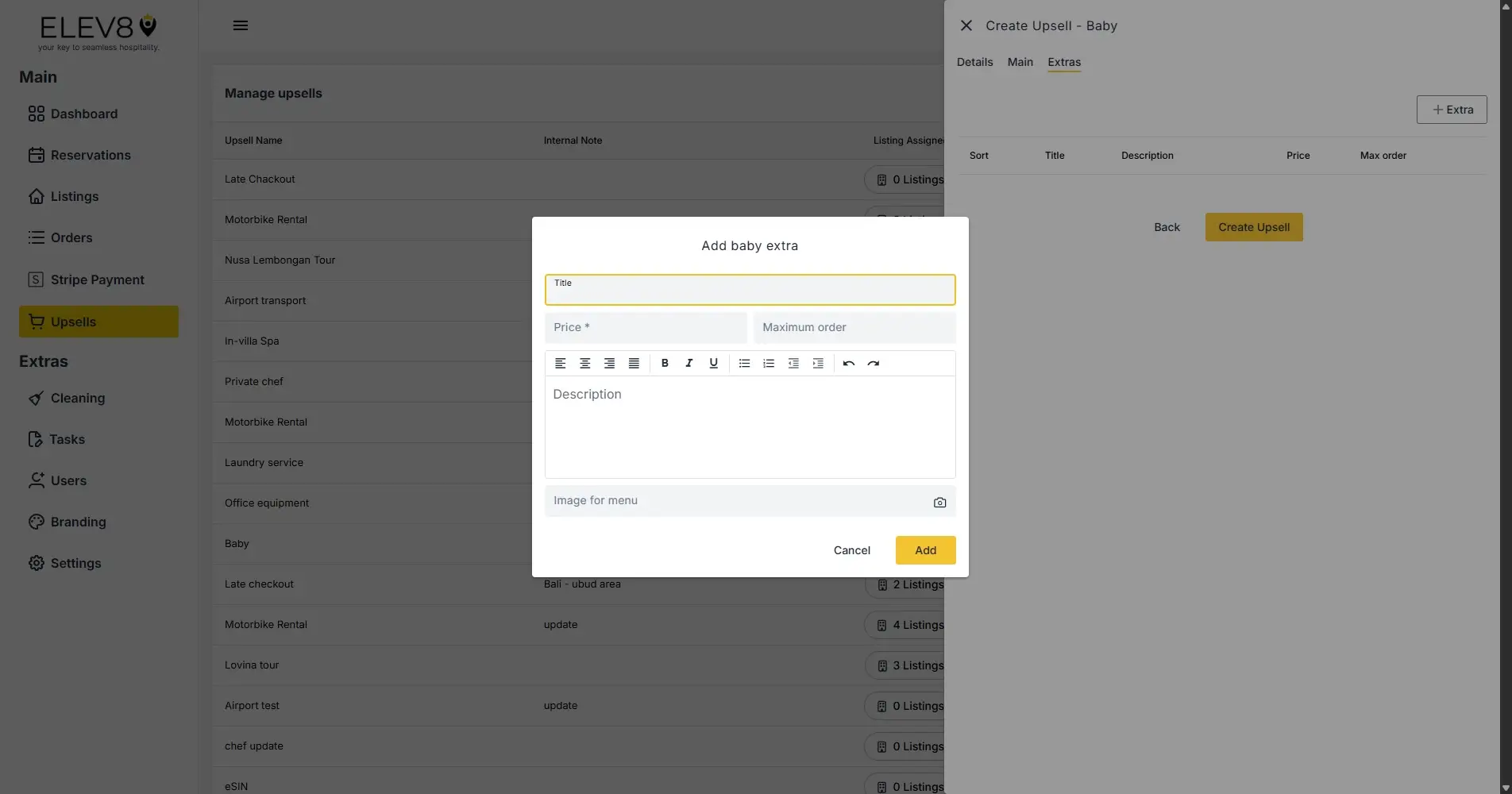 ELEV8 platform Create Upsell - Baby page with Add baby extra modal open.