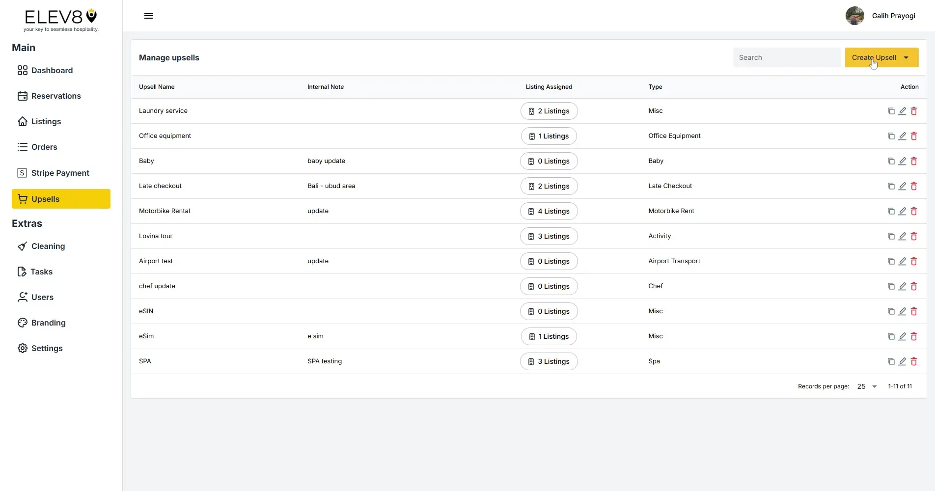 ELEV8 platform Manage Upsells page showing a list of upsells with options to create, edit, or delete them.