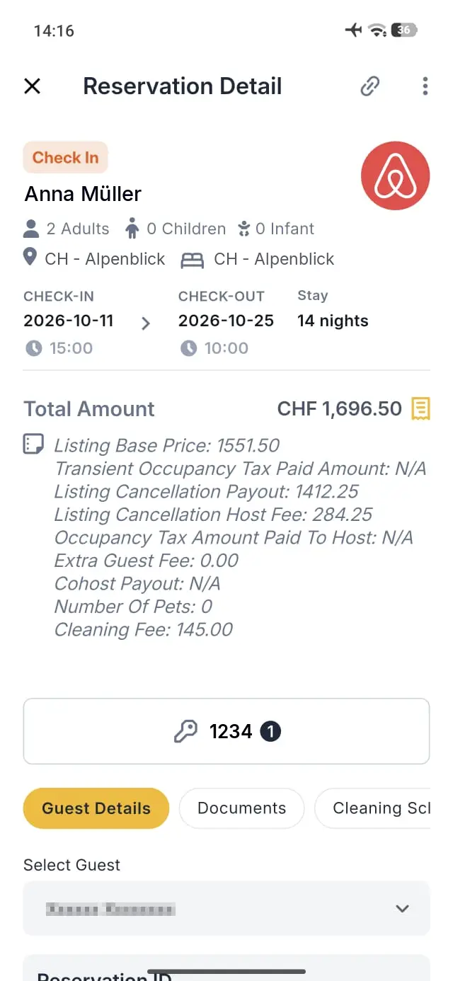 Elev8 Go app reservation detail screen showing booking information for Anna Müller at CH - Alpenblick.