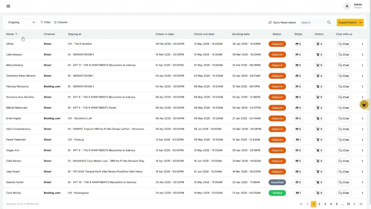 The user is viewing a list of ongoing reservations, showing details such as guest name, channel, accommodation, check-in/out dates, booking date, status, and options to view orders or chat with the guest.