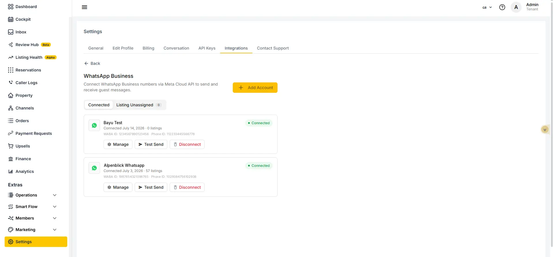 ELEV8 platform settings integrations tab showing WhatsApp Business connections