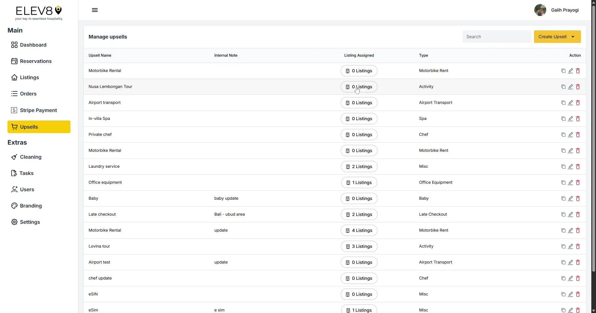 ELEV8 Manage Upsells page showing a list of upsell options with details and actions.