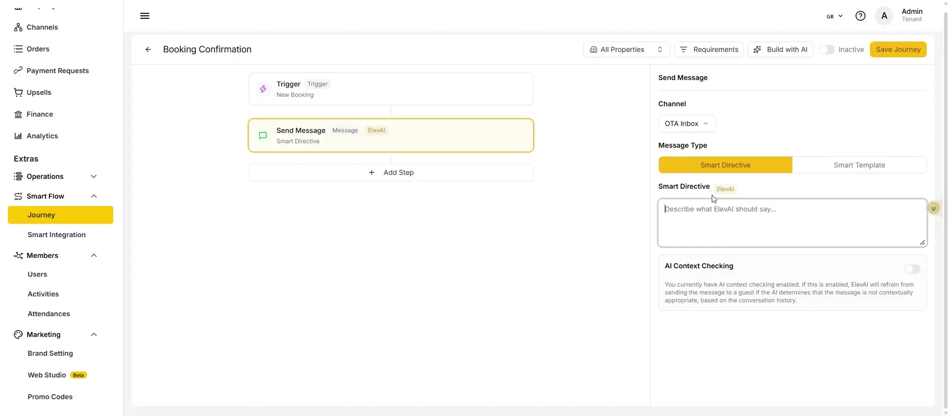 The user is configuring a booking confirmation journey. They have selected 'Smart Directive' as the message type and are prompted to describe what ElevAI should say. The AI context checking is also enabled, which will prevent ElevAI from sending messages that are not contextually appropriate.