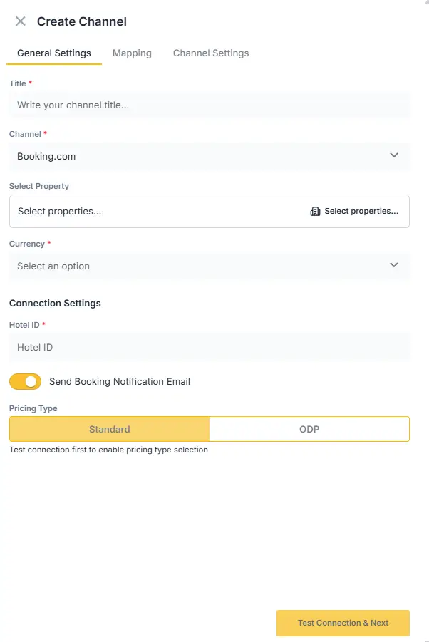 ELEV8 Create Channel screen showing General Settings for connecting a channel with fields for Title, Channel, Property, Currency, and Connection Settings.