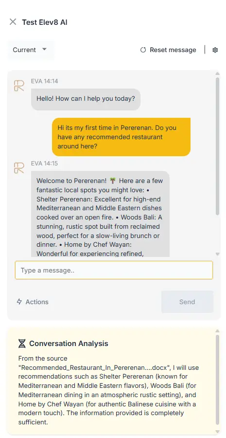 Test Elev8 AI chat interface with restaurant recommendations in Pererenan.