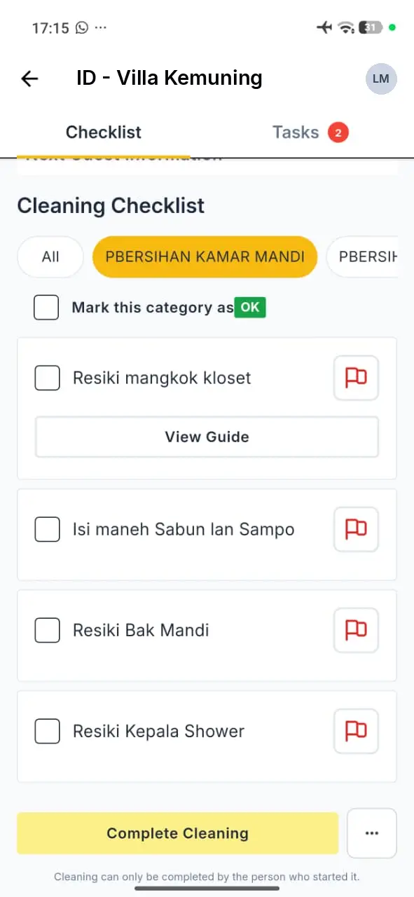 Elev8 Go app Cleaning Checklist screen for Villa Kemuning