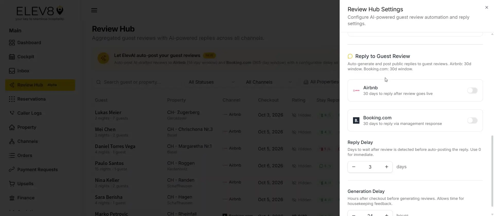 ELEV8 Review Hub Settings for AI-powered guest review automation