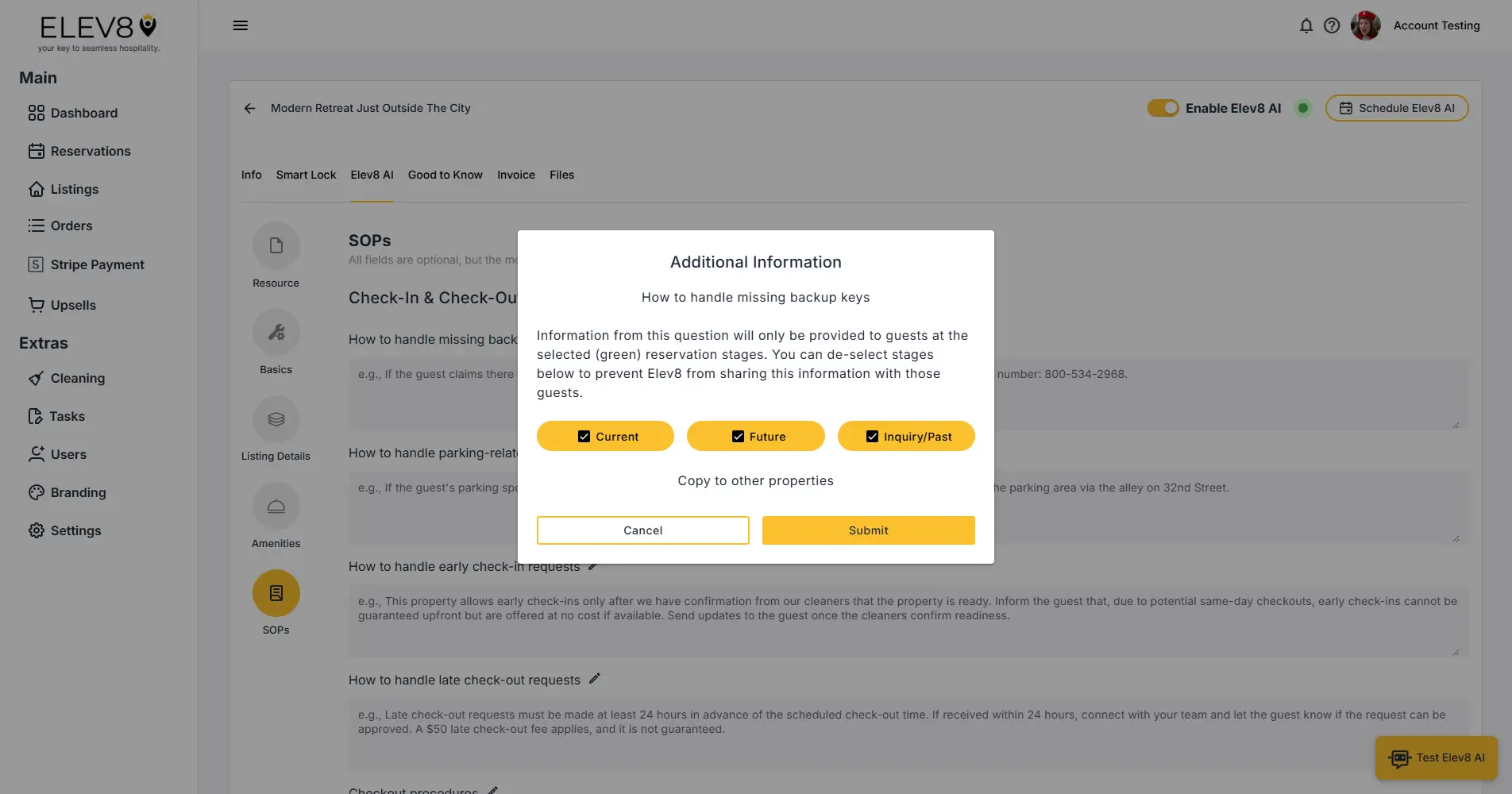 ELEV8 AI SOPs screen with Additional Information modal for handling missing backup keys.