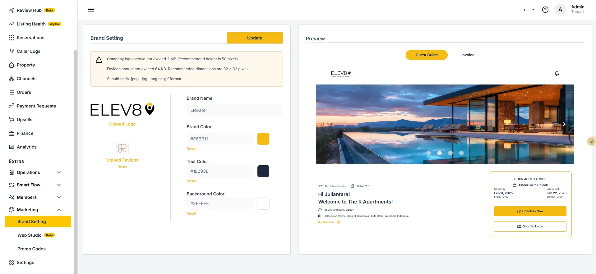 ELEV8 Brand Setting page with navigation menu and preview section.
