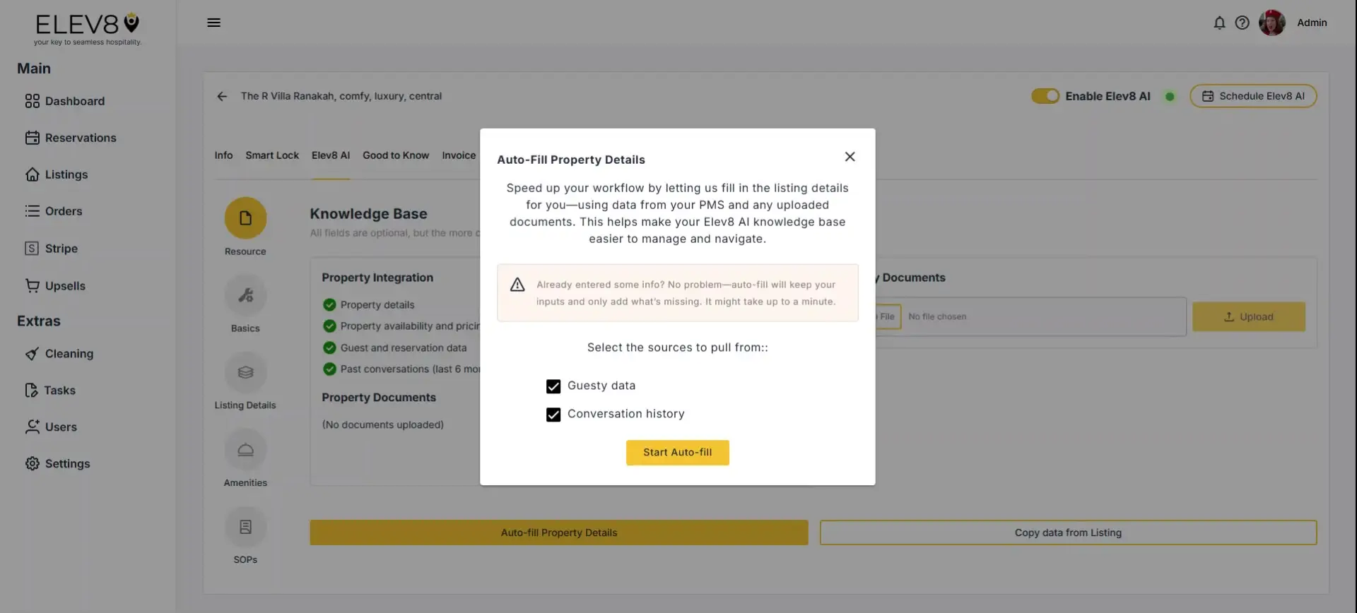 ELEV8 platform interface showing Auto-Fill Property Details feature with options to select data sources and start auto-fill process.