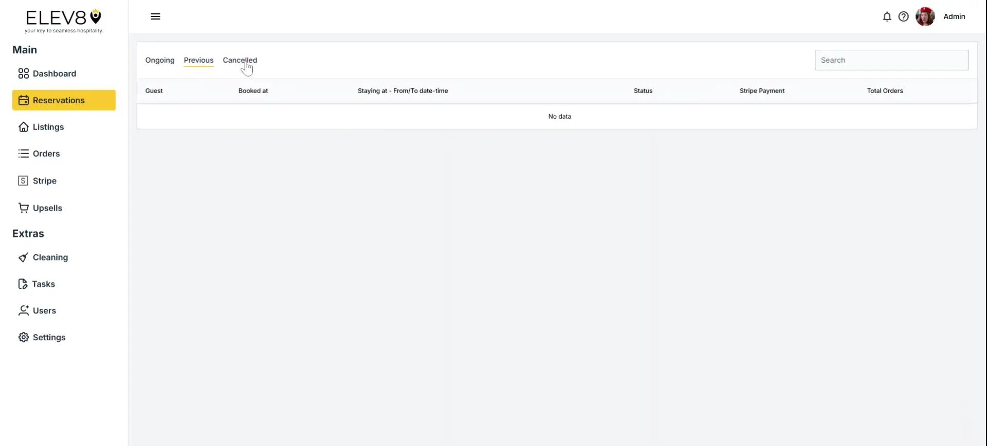 ELEV8 platform Reservations section showing Cancelled reservations with no data.