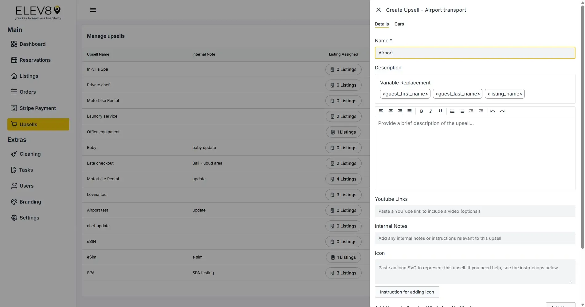 ELEV8 platform upsell management and creation interface.