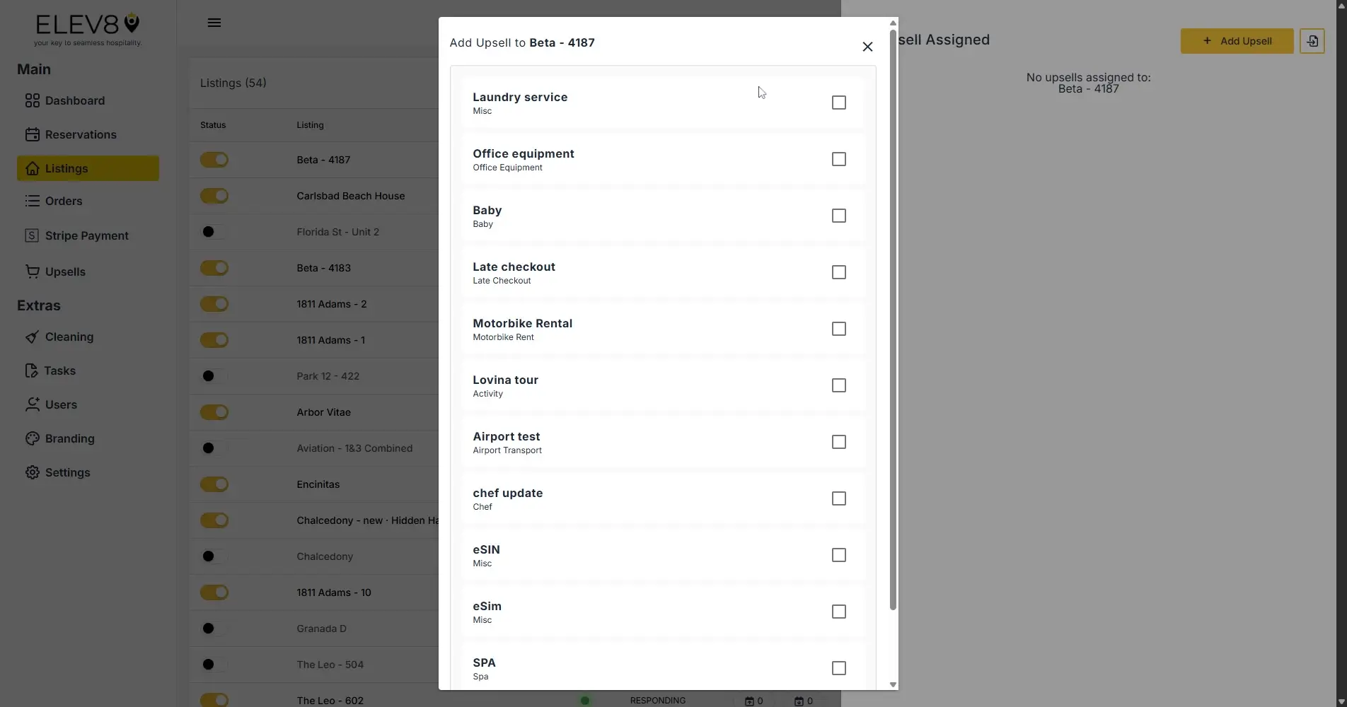 ELEV8 platform Listings section with Add Upsell modal open for Beta - 4187
