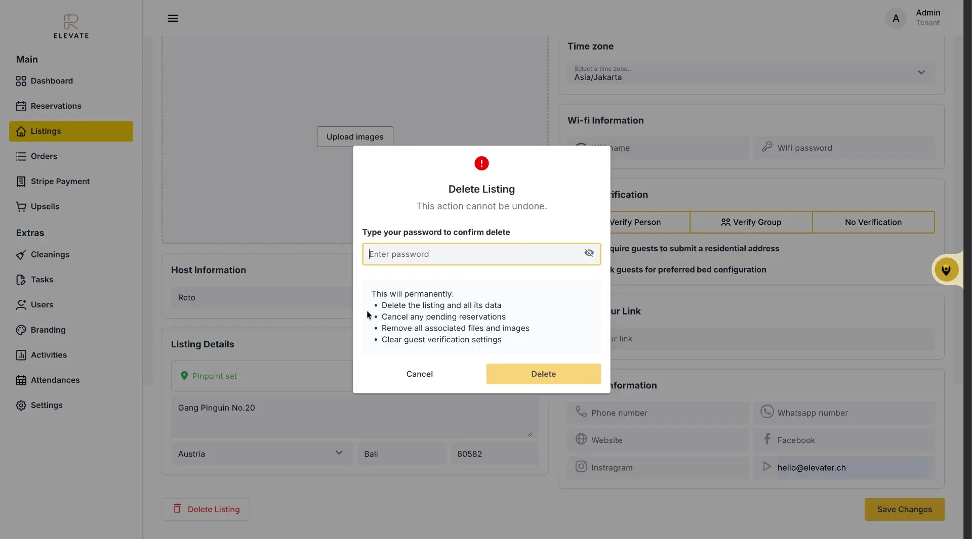 The user is presented with a confirmation dialog to delete a listing, requiring them to enter their password to proceed.