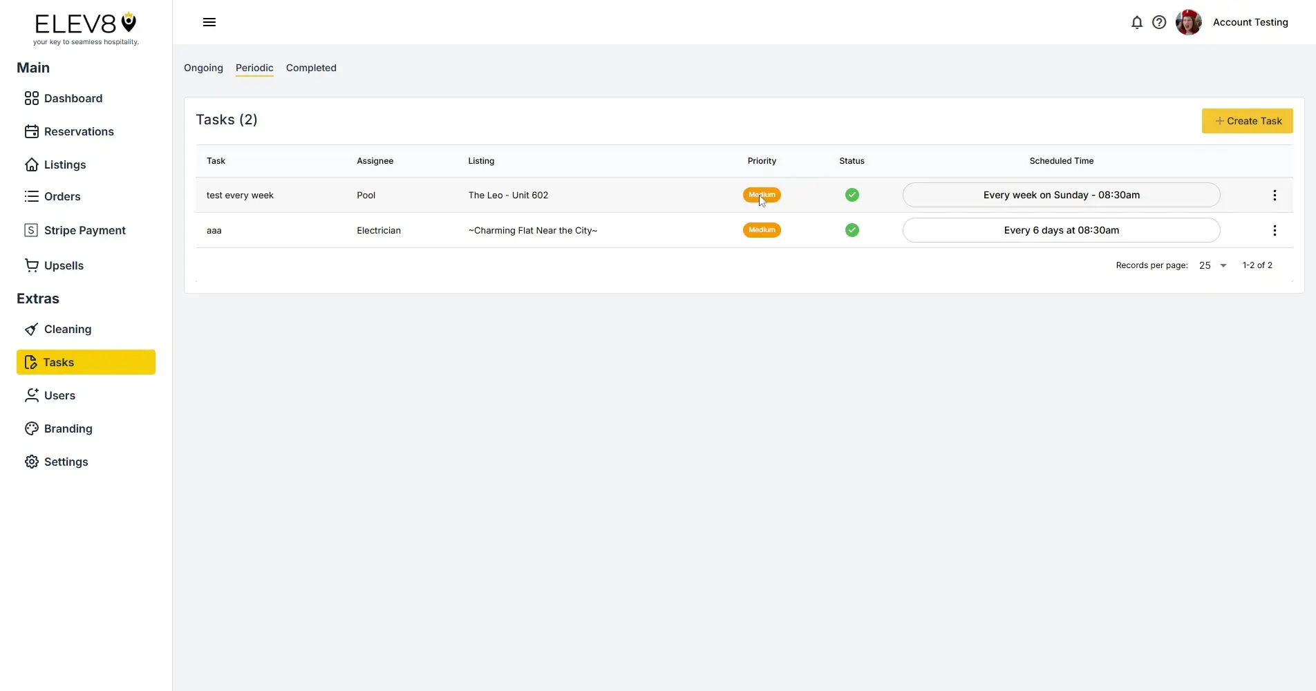 ELEV8 Tasks section under Periodic tab showing task list with details and create task button.