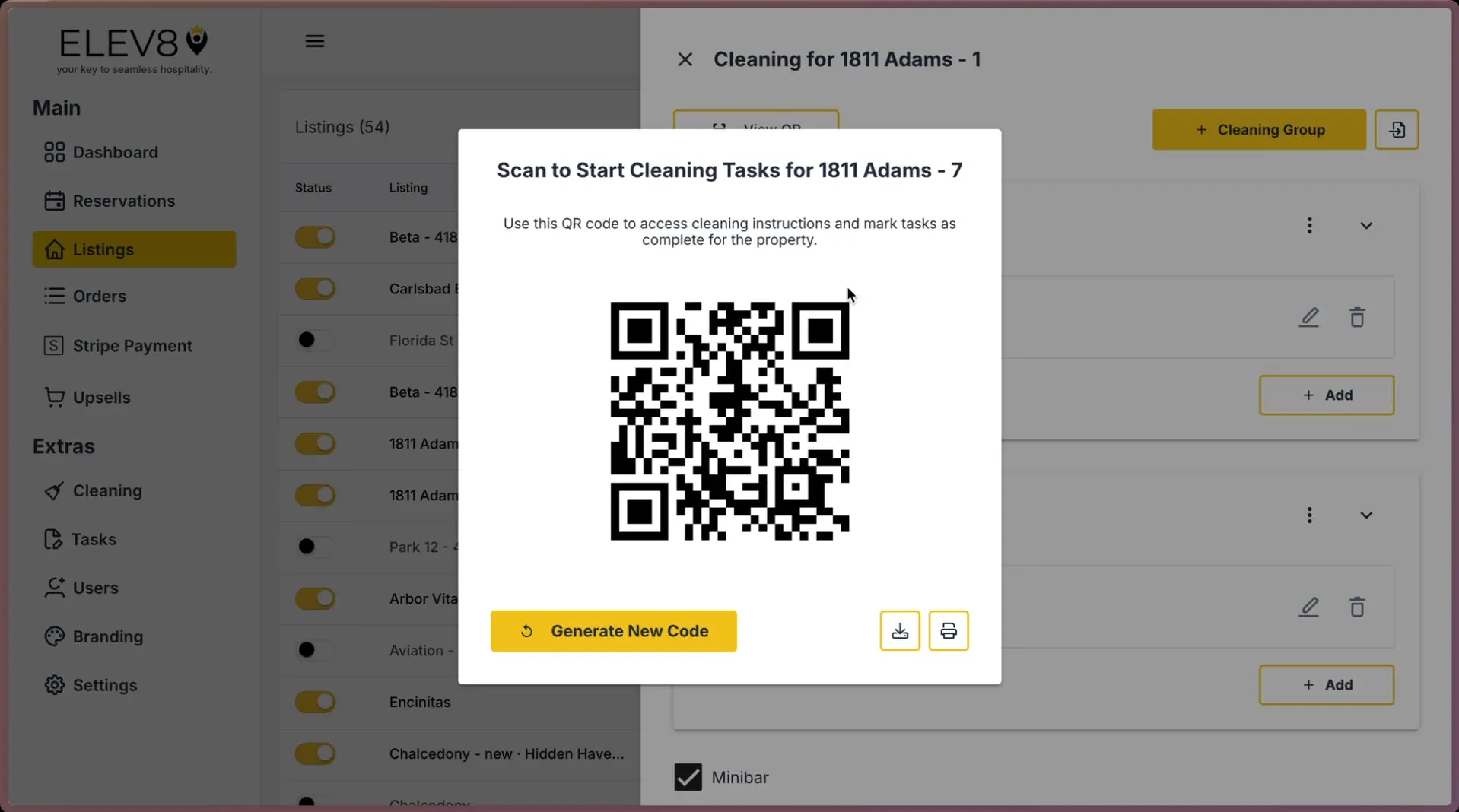 ELEV8 application screen showing cleaning task QR code generation for 1811 Adams.
