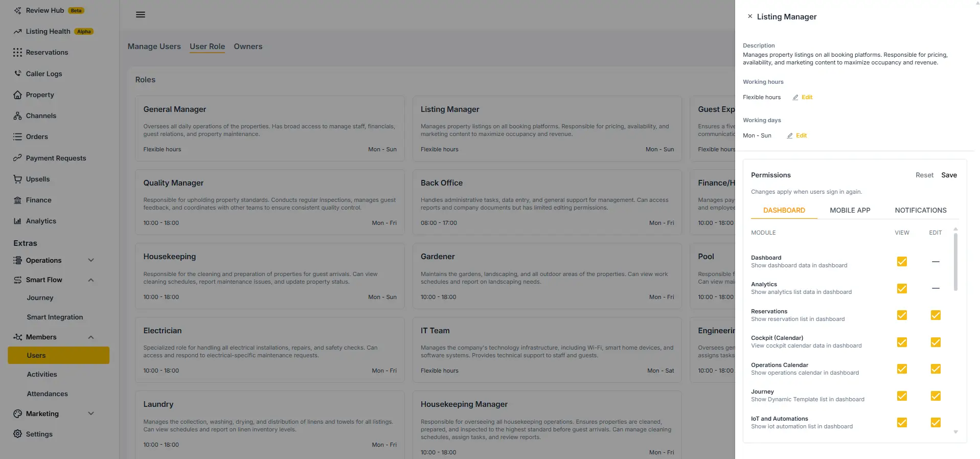 ELEV8 platform User Role management screen showing roles and permissions for Listing Manager.