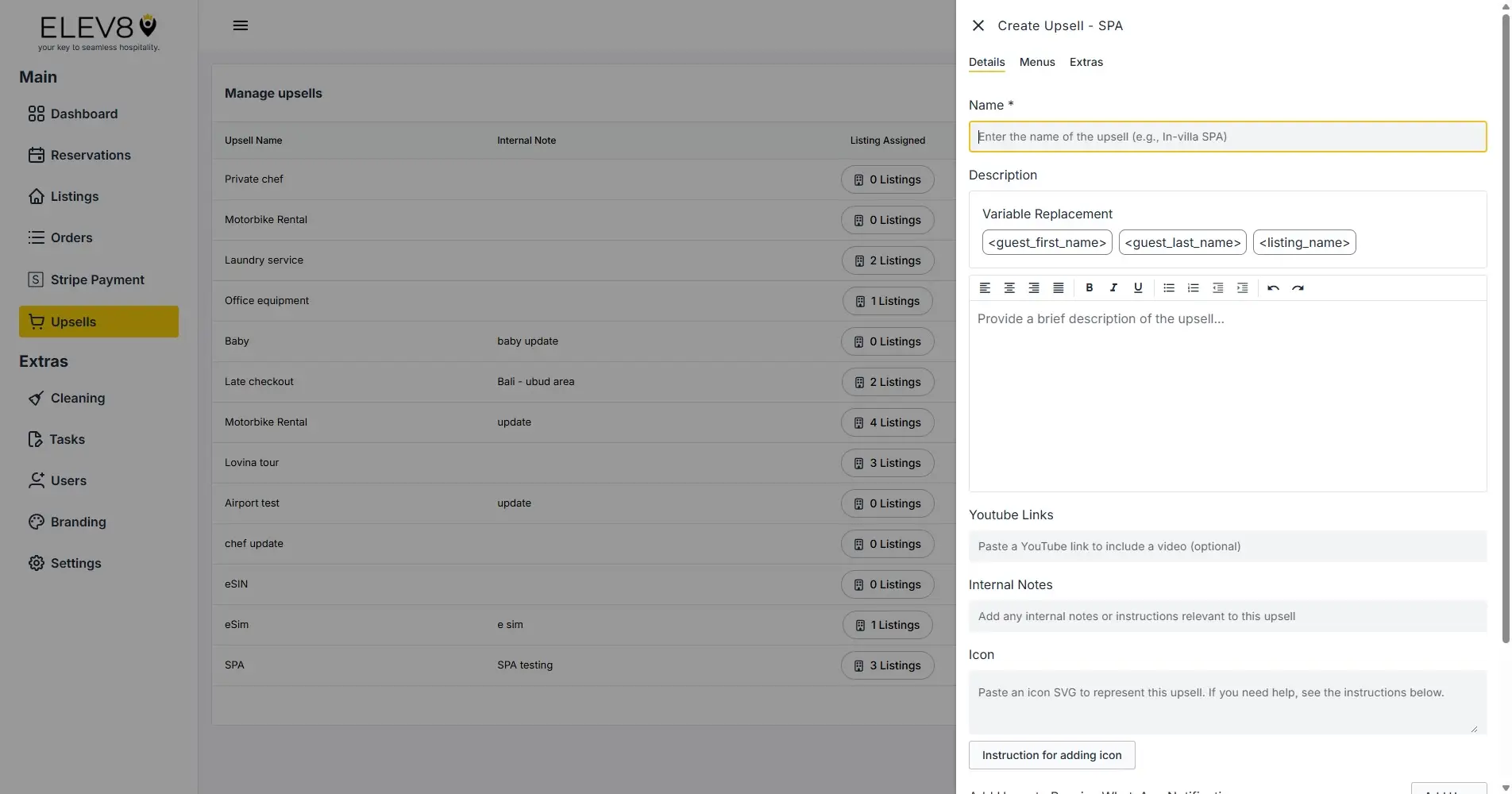 ELEV8 platform Manage Upsells and Create Upsell SPA form interface