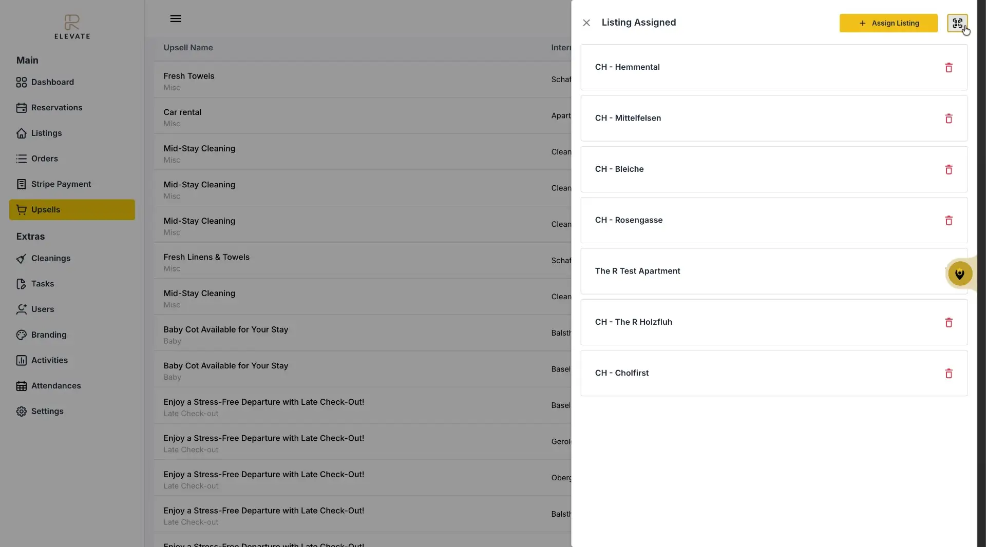 The screenshot shows the 'Listing Assigned' section within the ELEV8 platform, displaying a list of assigned listings with options to manage them.