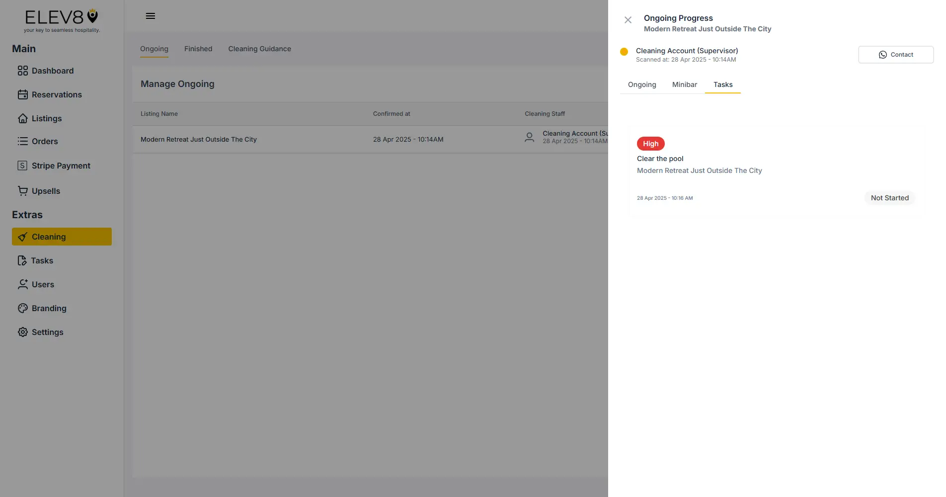 ELEV8 Manage Ongoing Cleaning Tasks screen showing ongoing progress for Modern Retreat Just Outside The City.