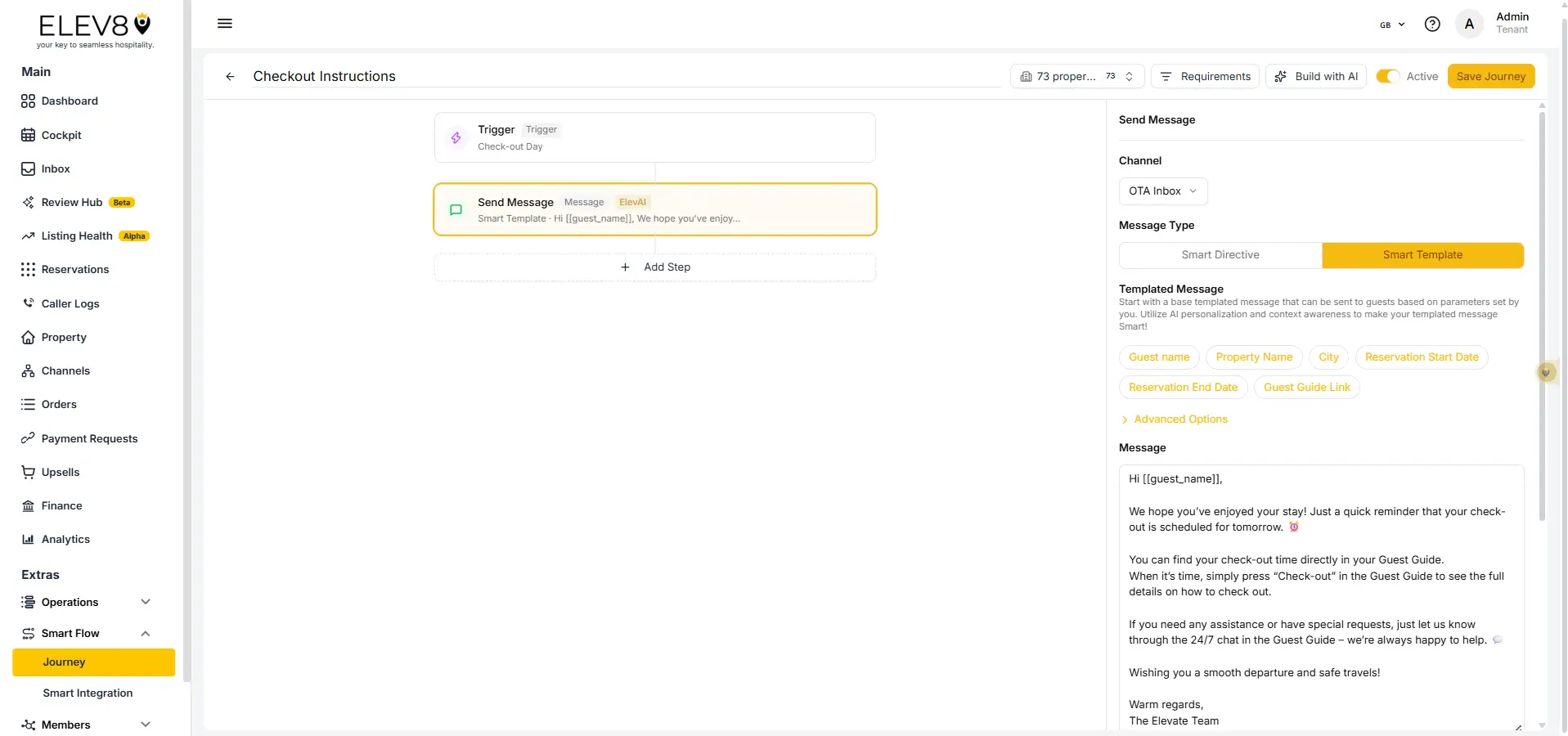 ELEV8 Smart Flow Checkout Instructions page for creating a journey