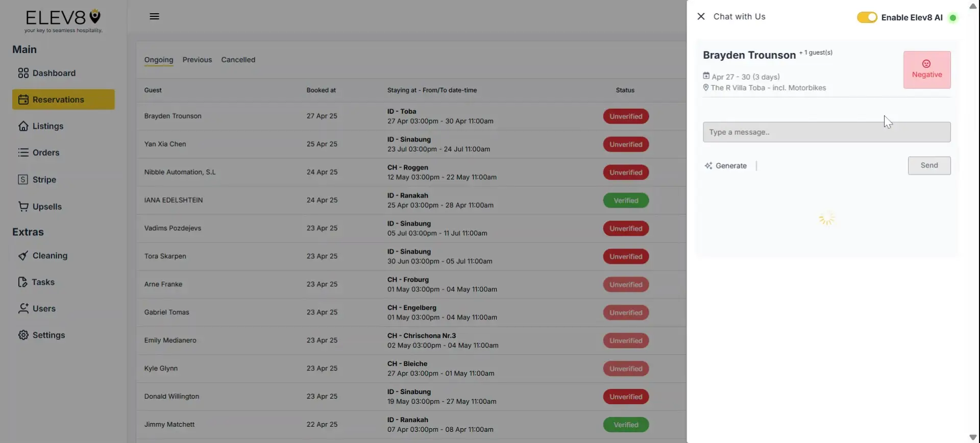 ELEV8 Reservations page with ongoing bookings and chat interface.