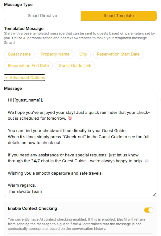 ELEV8 Smart Template message creation screen with options for dynamic fields and context checking.