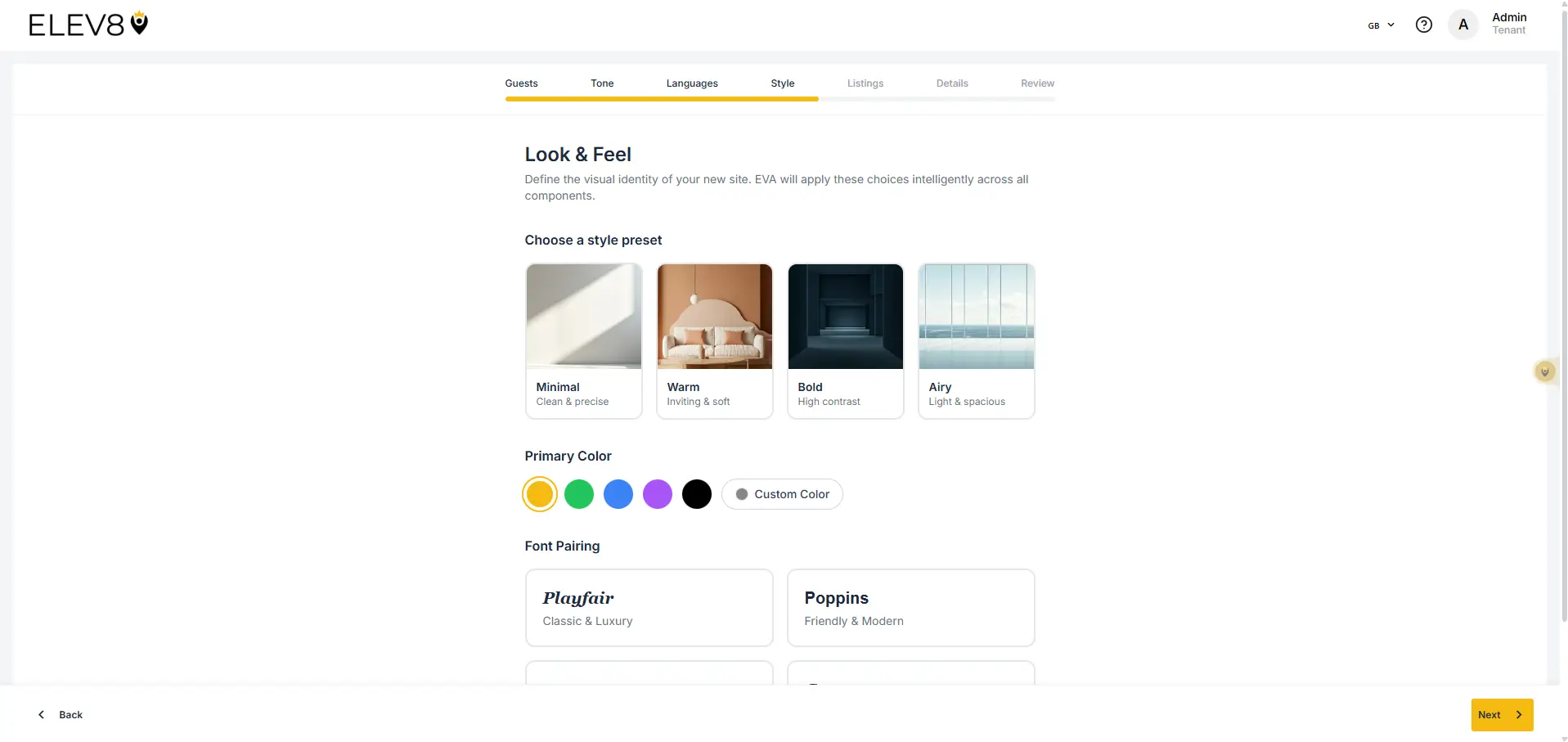 ELEV8 Web Studio Style tab for defining website look and feel
