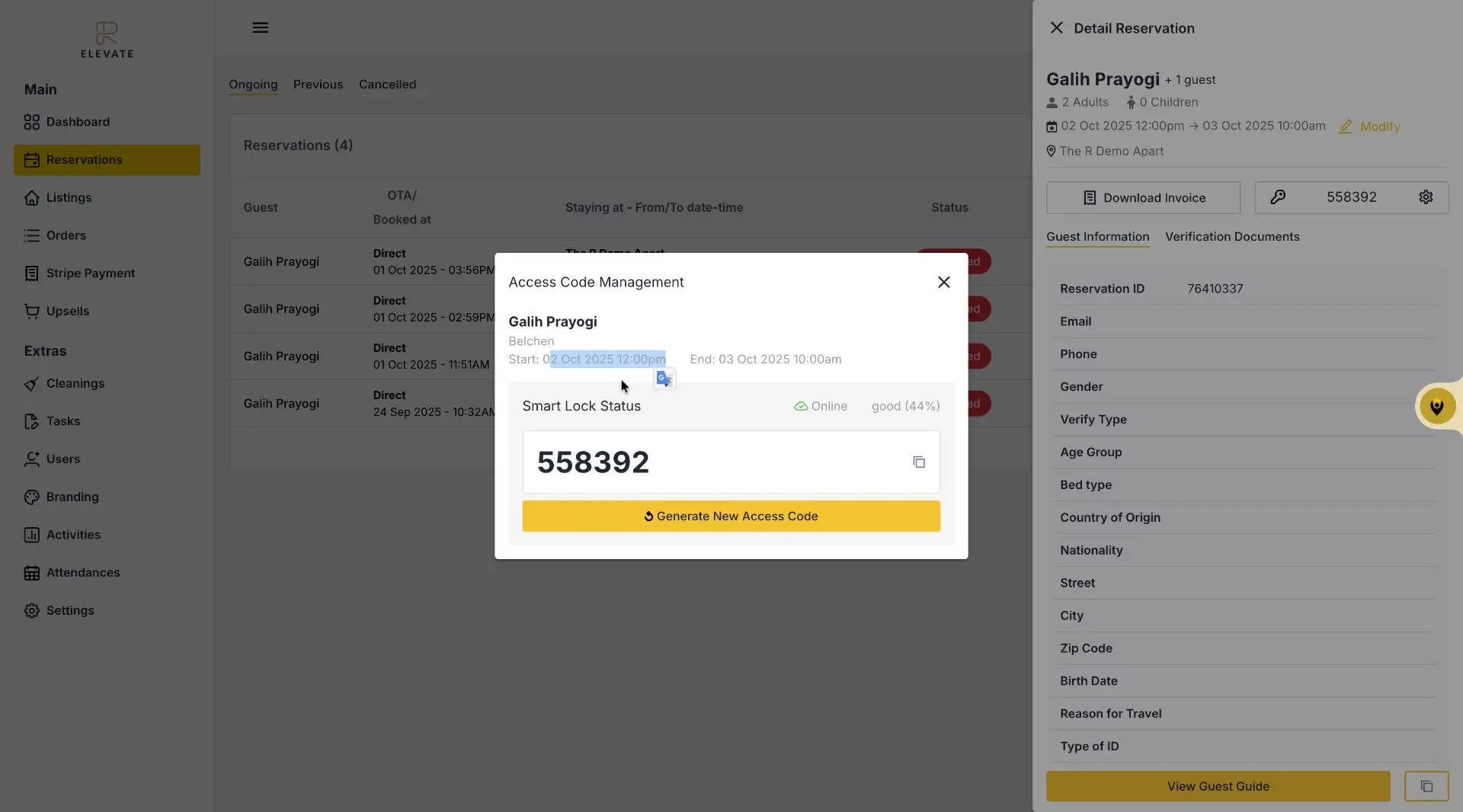 The screenshot shows the Access Code Management modal for a reservation, displaying the access code and reservation details.