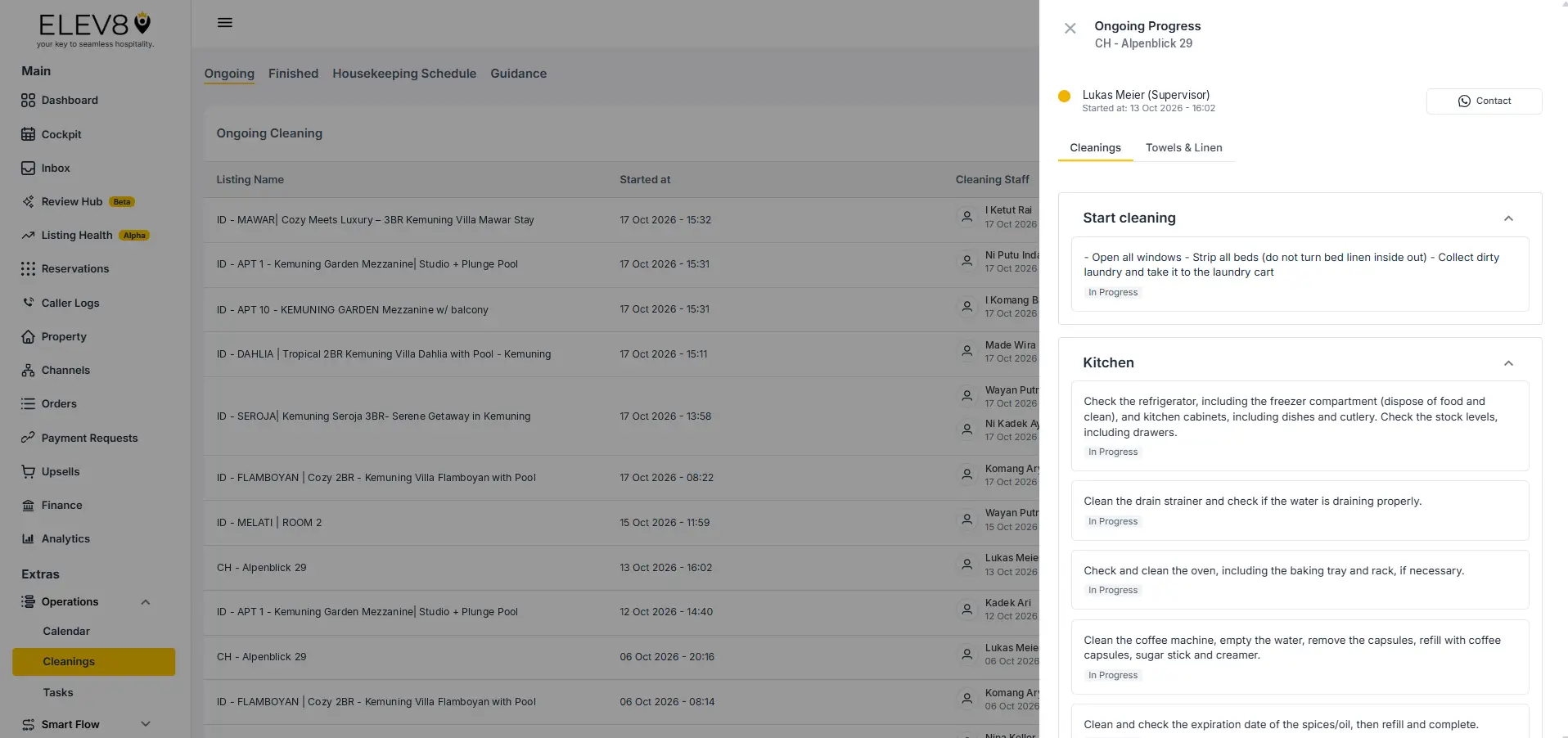 ELEV8 platform Cleanings section showing ongoing cleaning tasks and detailed progress for CH - Alpenblick 29.