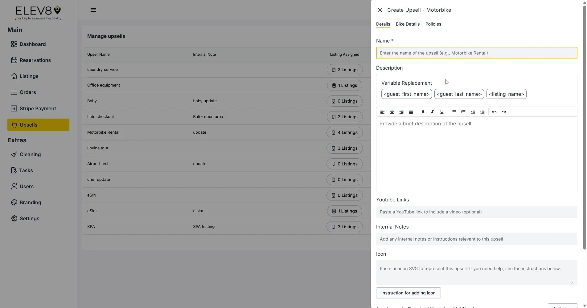 ELEV8 platform Manage Upsells and Create Upsell form interface.