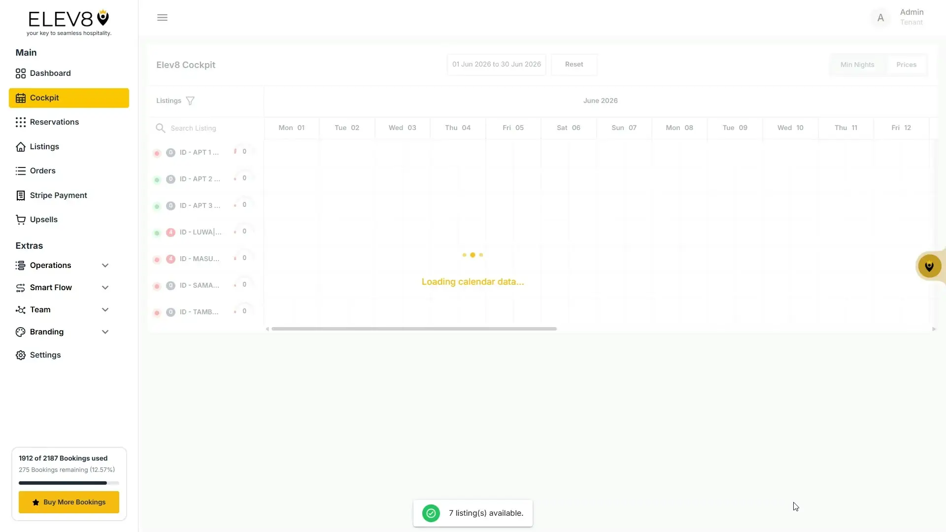 The user is on the Elev8 Cockpit page, viewing a calendar for June 2026. The calendar is currently loading data, indicated by the "Loading calendar data..." message and the animated dots. The left sidebar shows navigation options and booking usage statistics.