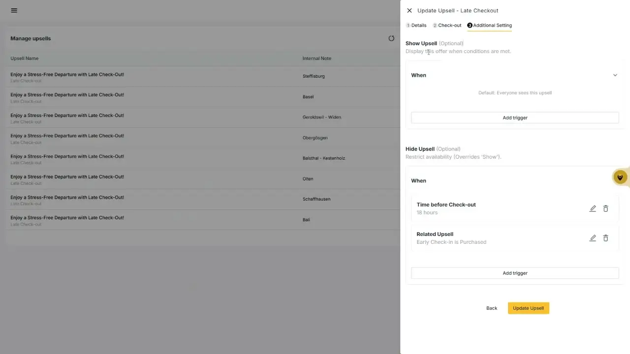 The user is configuring additional settings for a 'Late Checkout' upsell. They can set conditions for when the upsell should be shown or hidden, including time before check-out and related upsells.