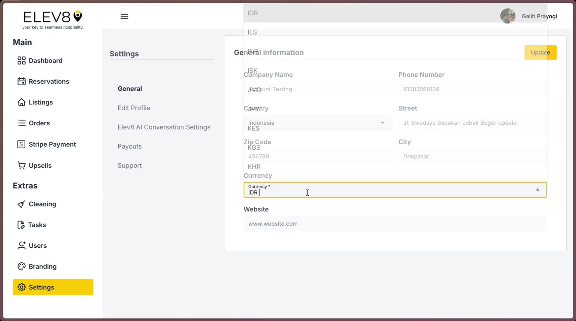 ELEV8 application settings page showing general information fields for editing user details.
