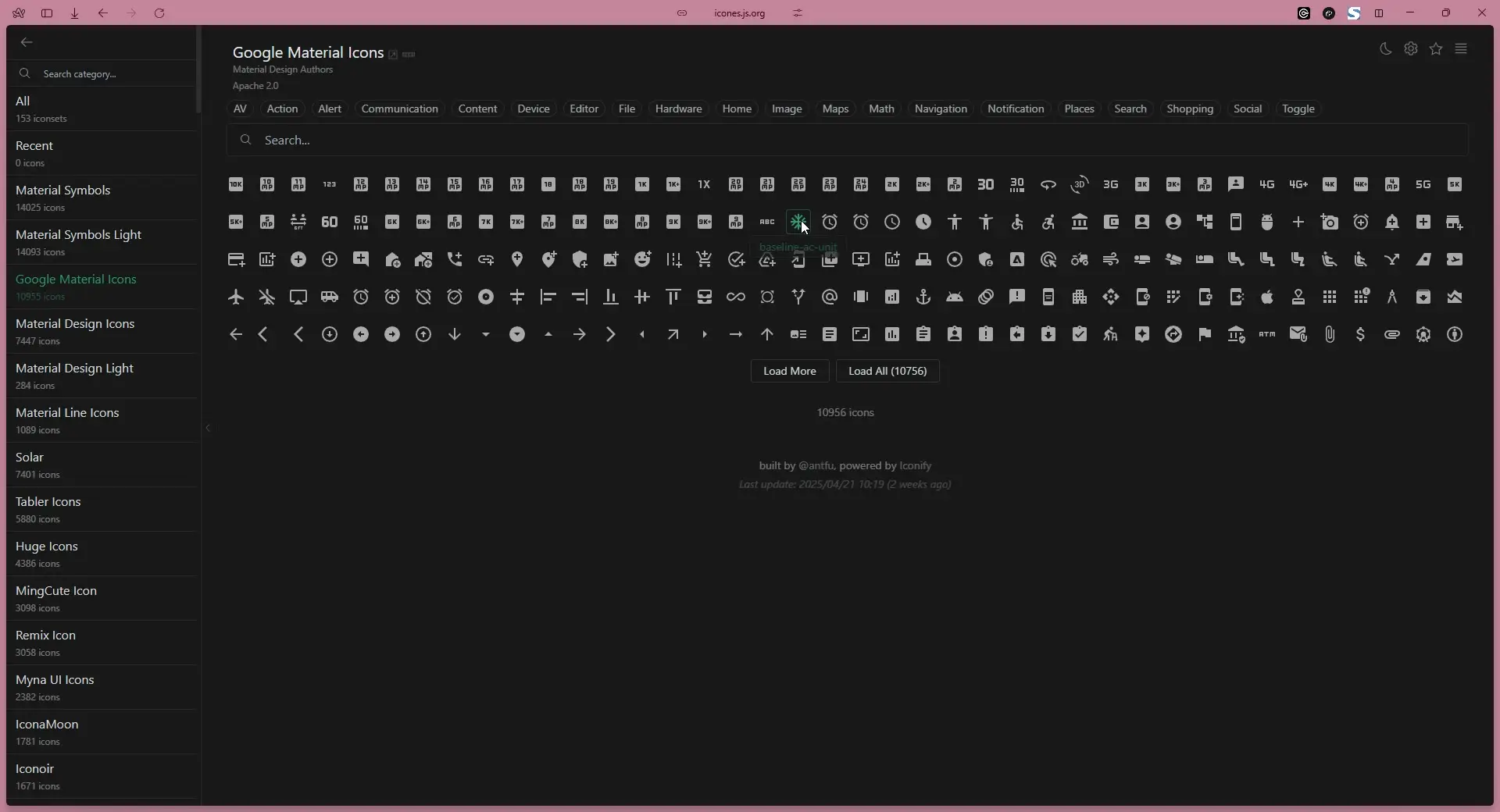 Google Material Icons browsing interface with search and category filters.