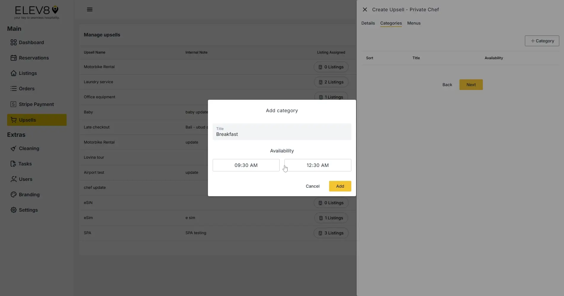 ELEV8 Manage upsells screen with Add category modal open