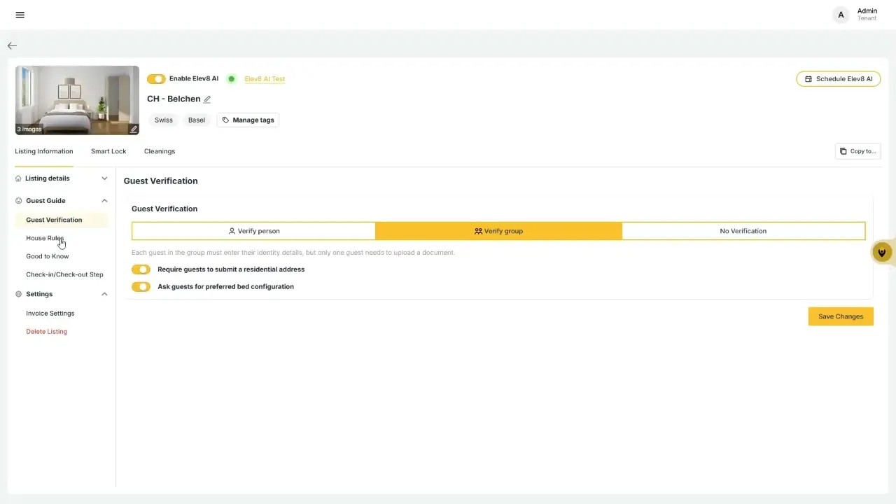 The user is on the Guest Verification page, configuring settings for verifying guests. They can choose to verify each person, verify the group, or have no verification. Options to require residential addresses and ask for preferred bed configurations are also available.