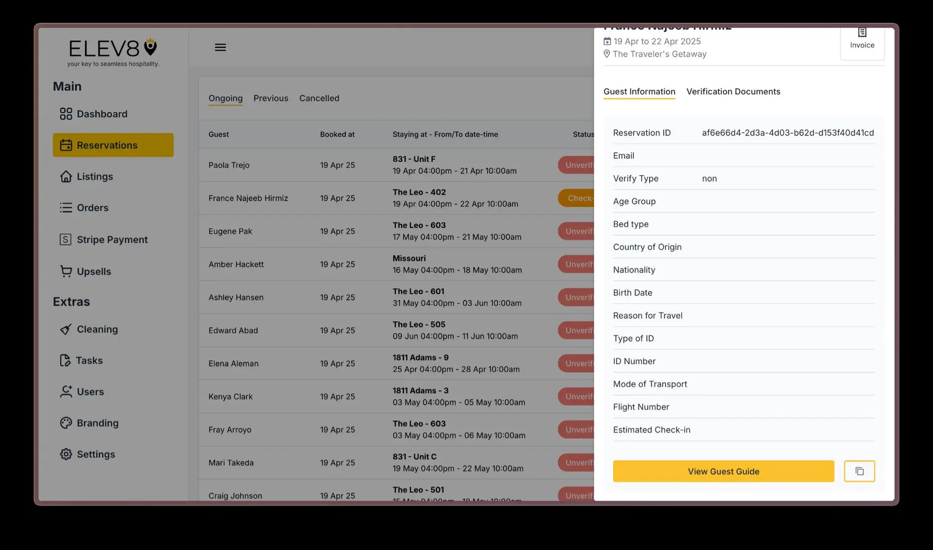 ELEV8 platform showing Reservations section with guest list and detailed guest information panel.