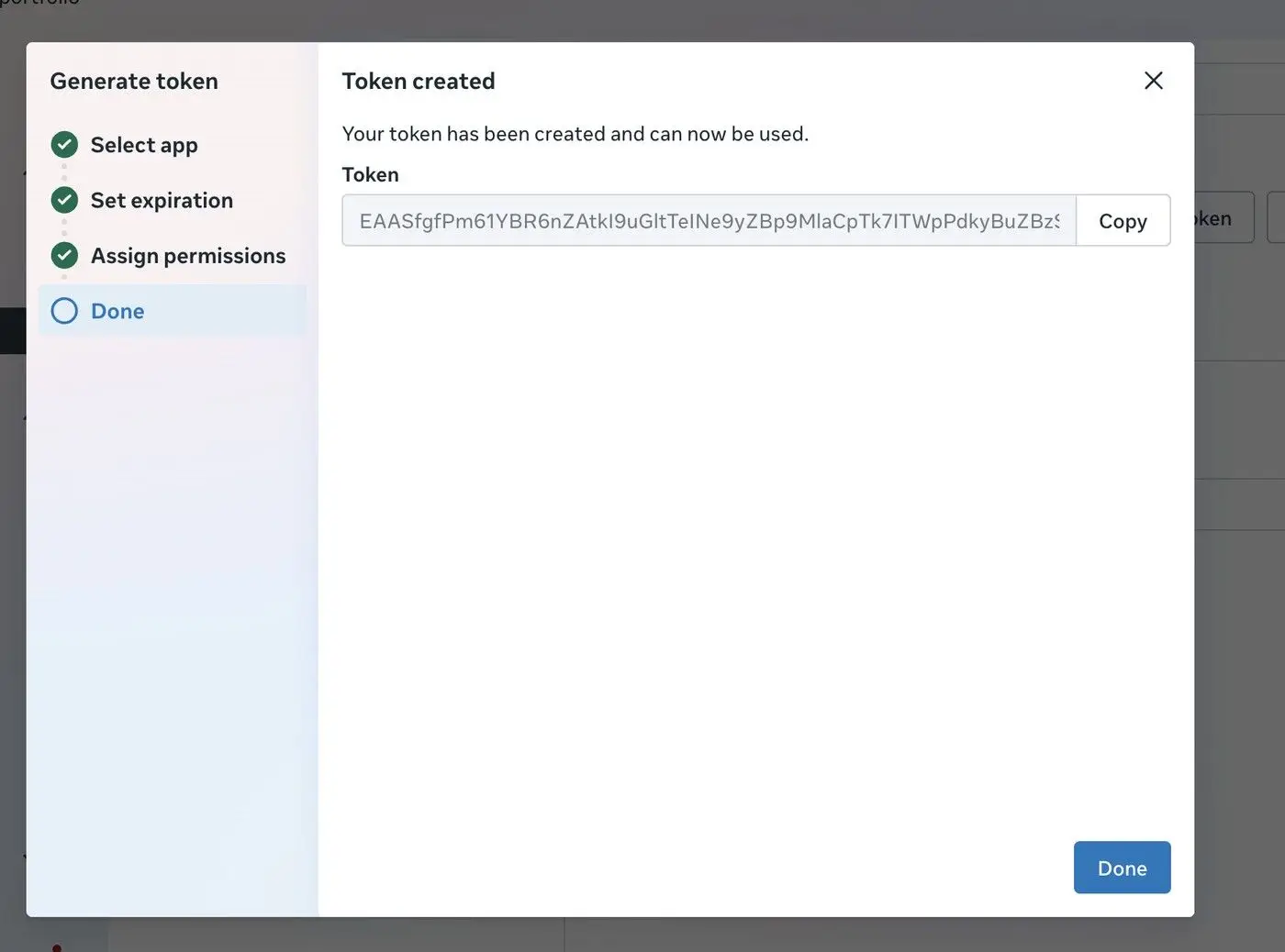 The token has been successfully created and is ready to be used. The token value is displayed and can be copied for further use.