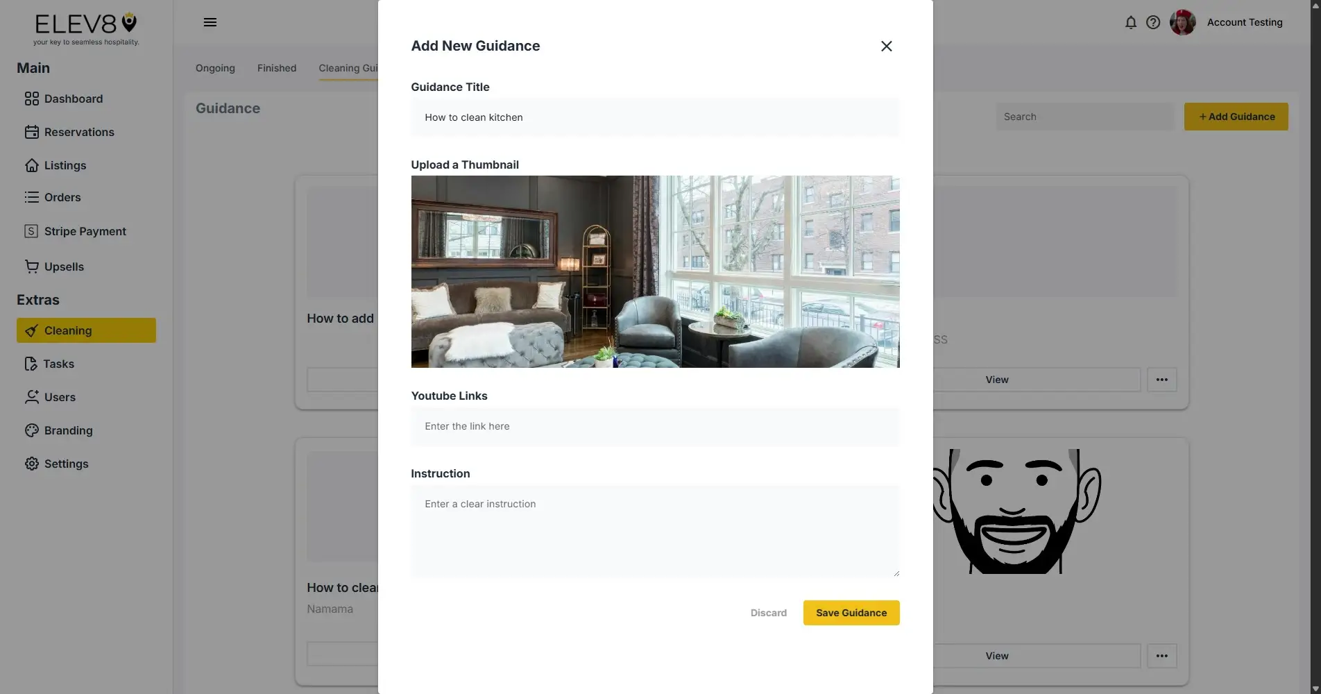 ELEV8 platform Add New Guidance modal in Cleaning section