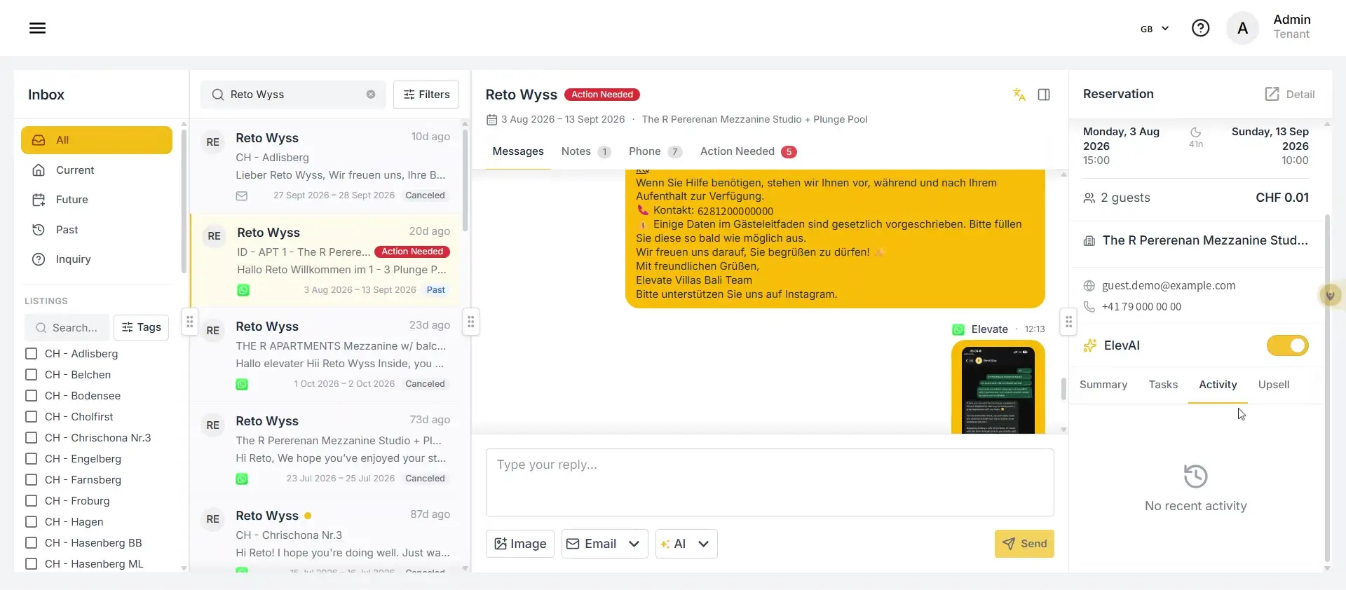 ELEV8 Inbox page showing messages and reservation details for Reto Wyss.
