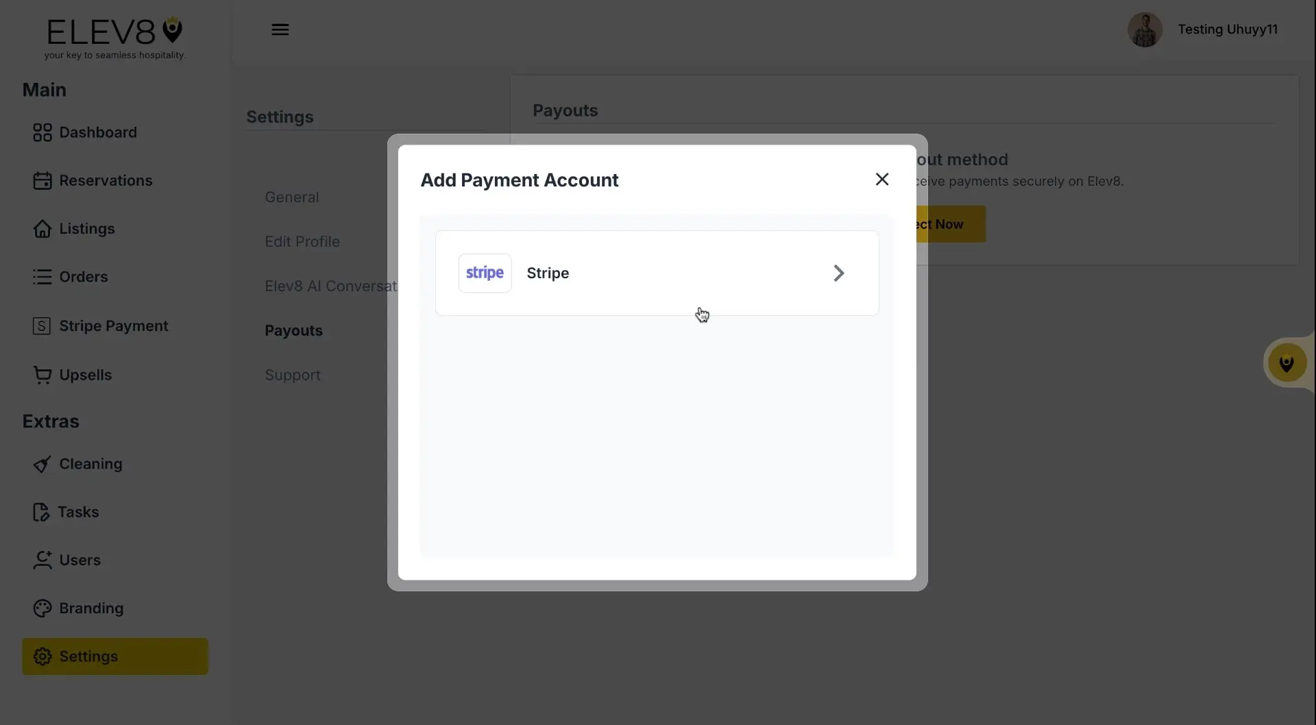 ELEV8 platform settings screen showing Add Payment Account dialog with Stripe option.