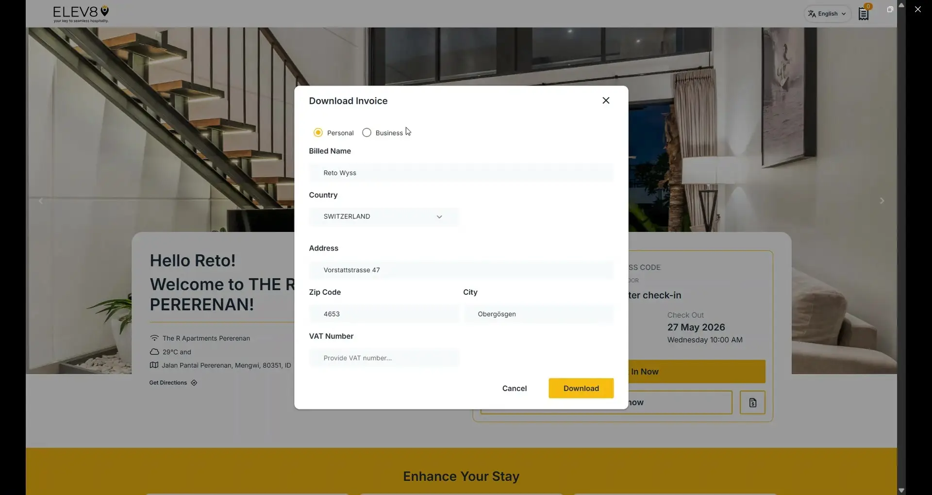 The user is presented with a modal to download an invoice. They can choose between personal or business billing and fill in their billing details, including name, country, address, zip code, city, and VAT number.