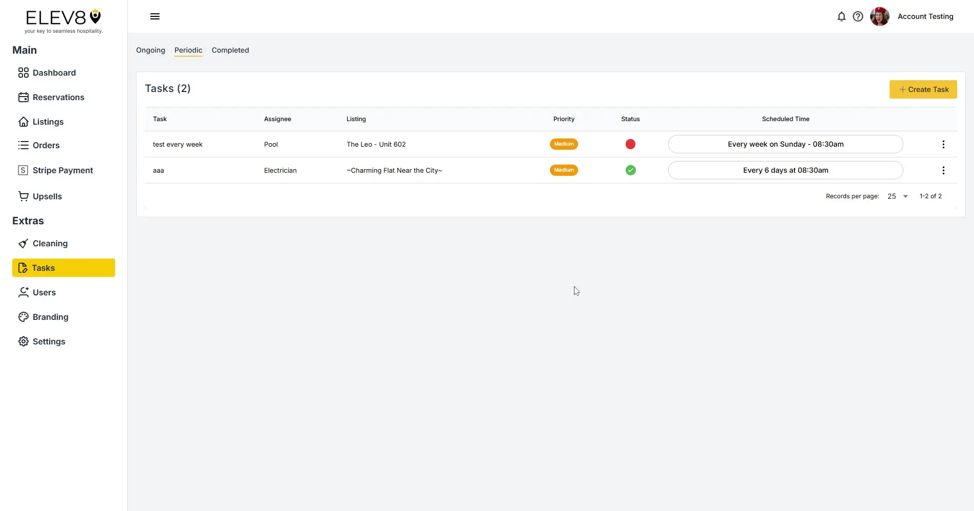 ELEV8 platform Tasks section under Periodic tab showing task list with details and navigation menu.