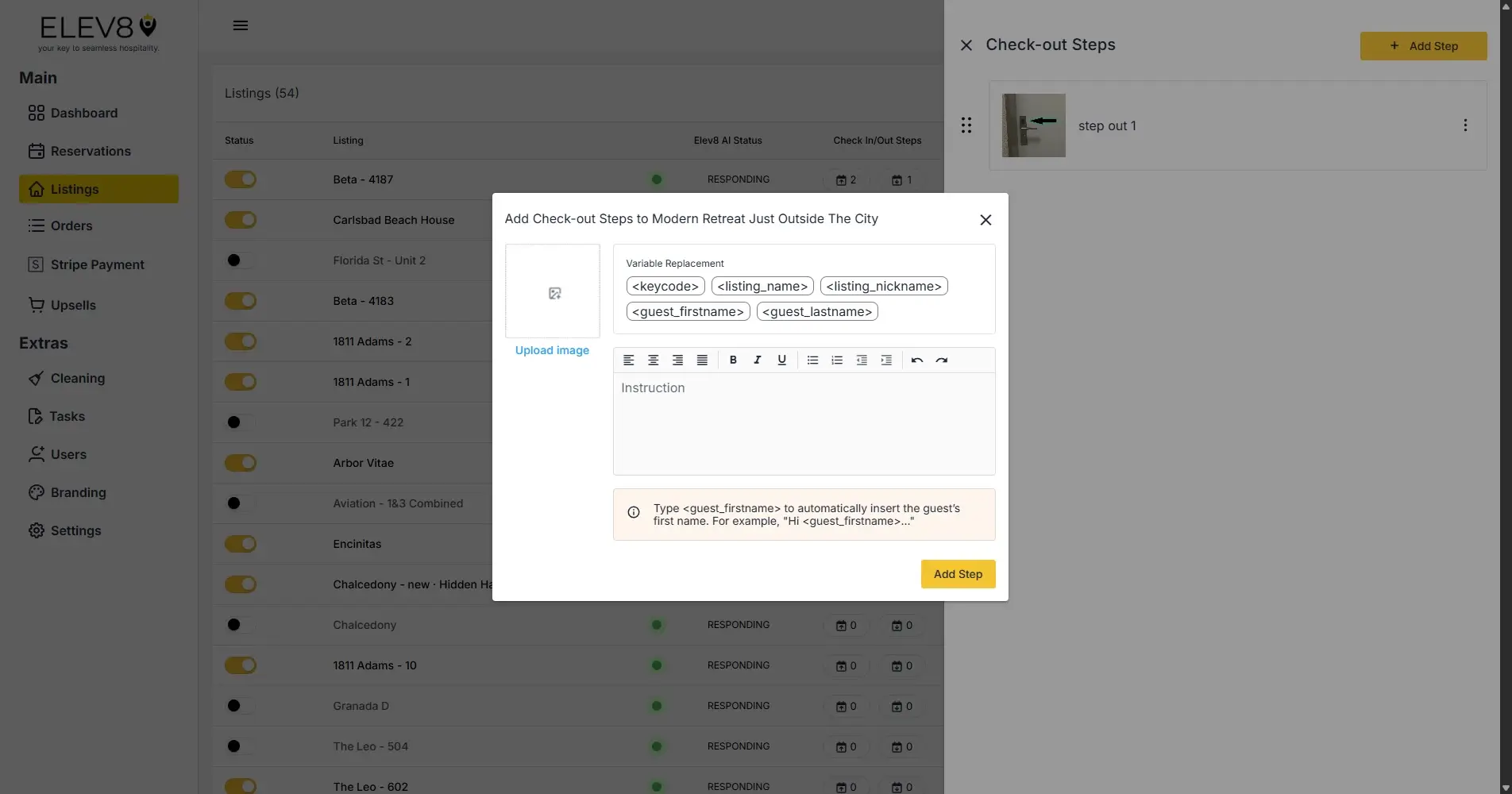 ELEV8 platform interface for adding check-out steps to a listing.