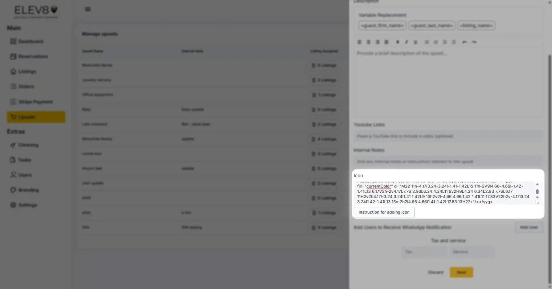 ELEV8 platform Manage Upsells screen with form for adding icon and upsell details.