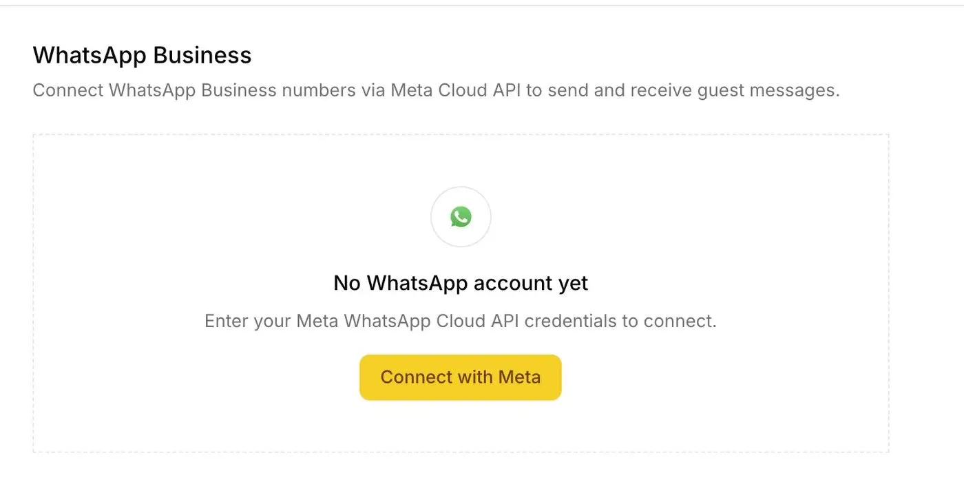 This screen allows users to connect their WhatsApp Business numbers via Meta Cloud API. Currently, no WhatsApp account is connected, and users are prompted to enter their Meta WhatsApp Cloud API credentials to establish the connection.