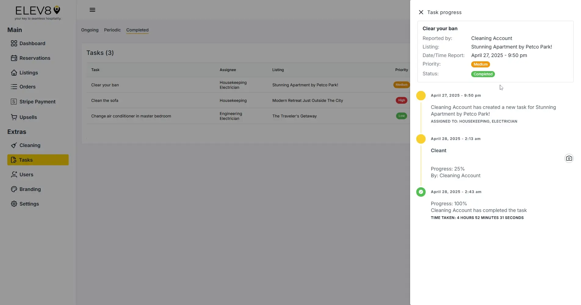 ELEV8 platform Tasks section showing completed tasks and task progress details.